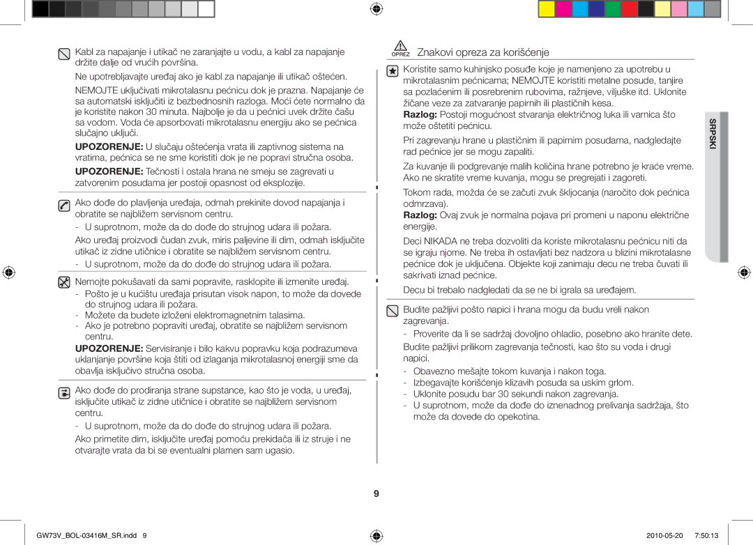 Samsung GW73V/BOL manual Oprez Znakovi opreza za korišćenje 