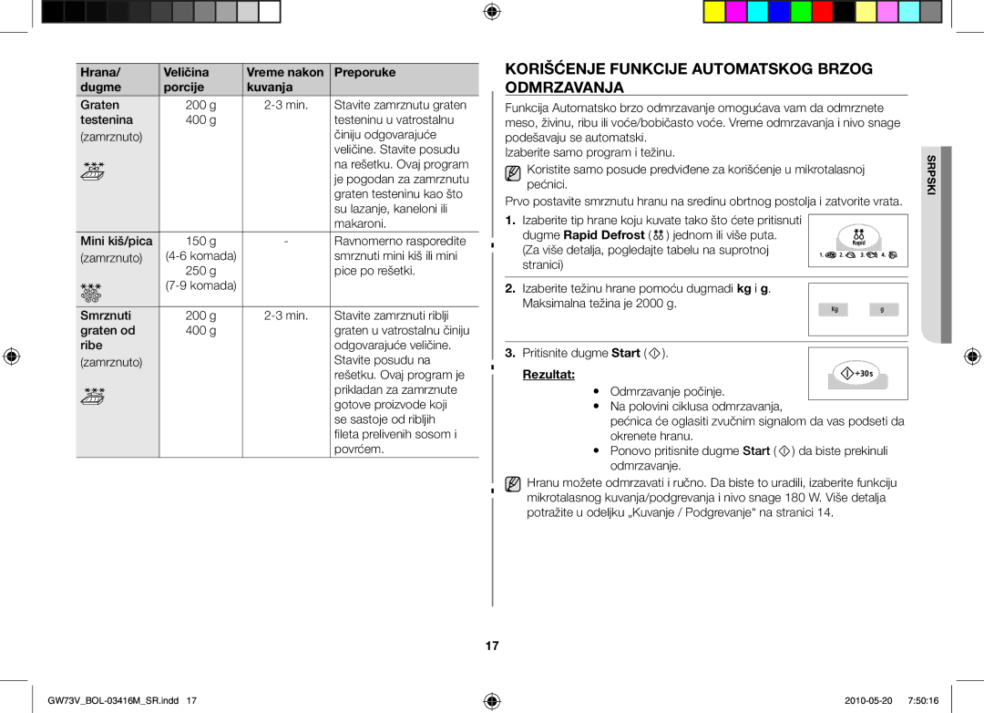 Samsung GW73V/BOL manual Korišćenje funkcije automatskog brzog odmrzavanja 