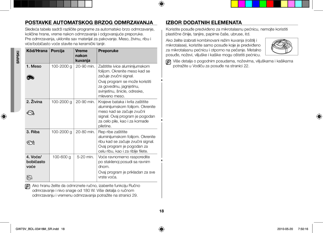 Samsung GW73V/BOL manual Postavke automatskog brzog odmrzavanja, Izbor dodatnih elemenata 