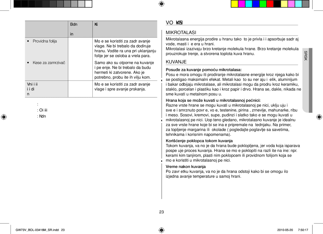 Samsung GW73V/BOL manual Vodič za kuvanje, Mikrotalasi, Kuvanje 