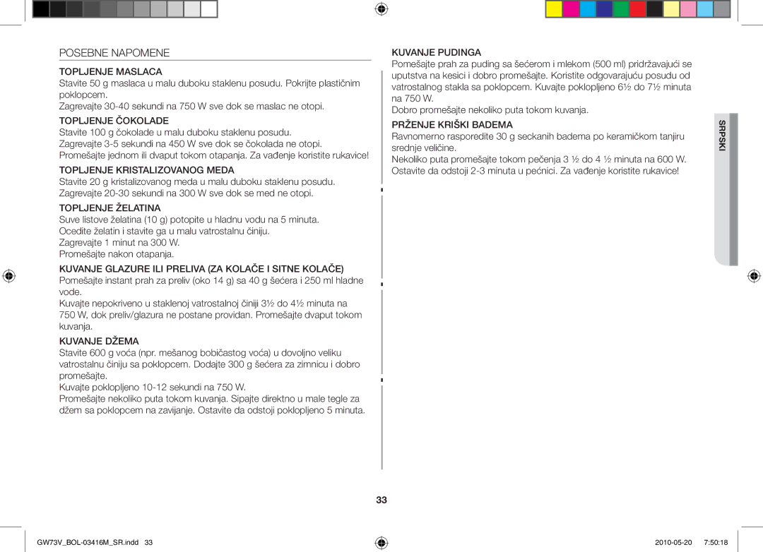 Samsung GW73V/BOL manual Posebne Napomene, Topljenje Maslaca 