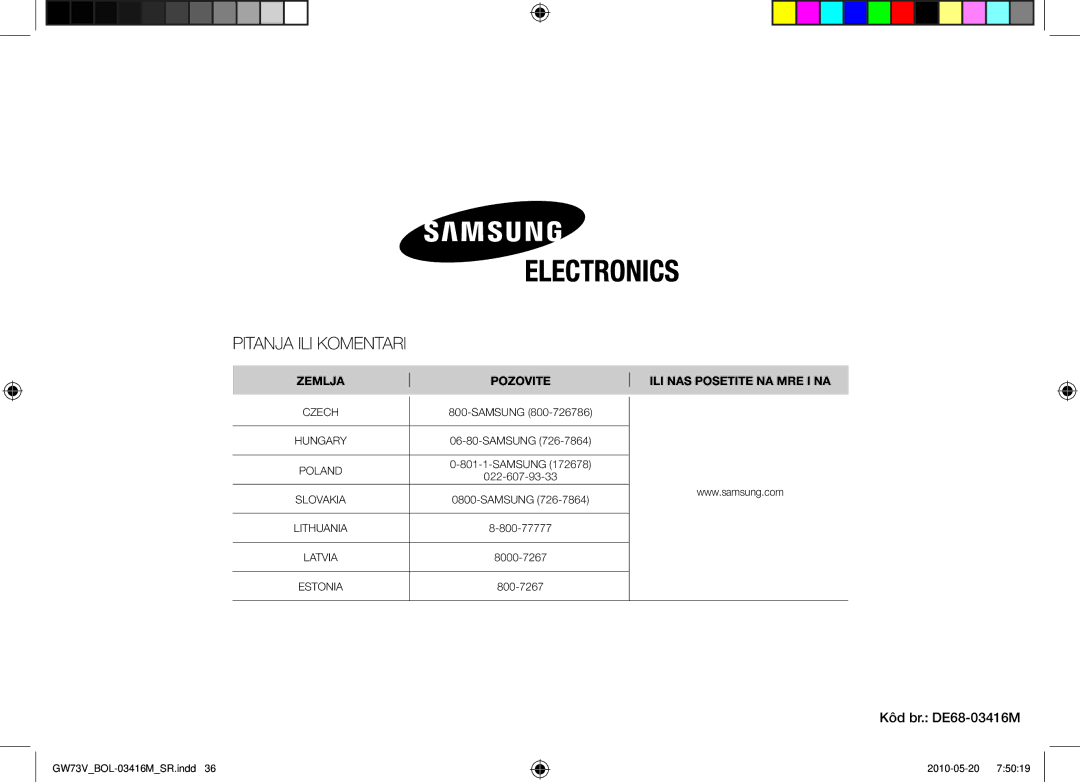 Samsung GW73V/BOL manual Kôd br. DE68-03416M, Czech 