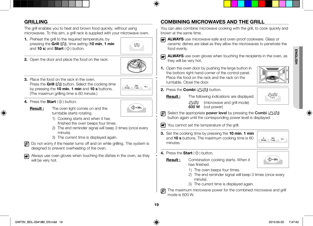 Samsung GW73V/BOL manual Grilling, Combining microwaves and the grill 