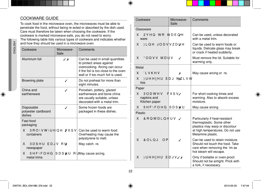 Samsung GW73V/BOL manual Cookware guide 