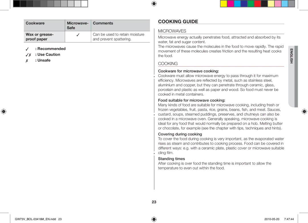 Samsung GW73V/BOL manual Cooking guide, Microwaves 