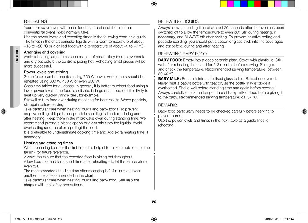 Samsung GW73V/BOL manual Reheating Liquids, Reheating Baby Food, Remark 