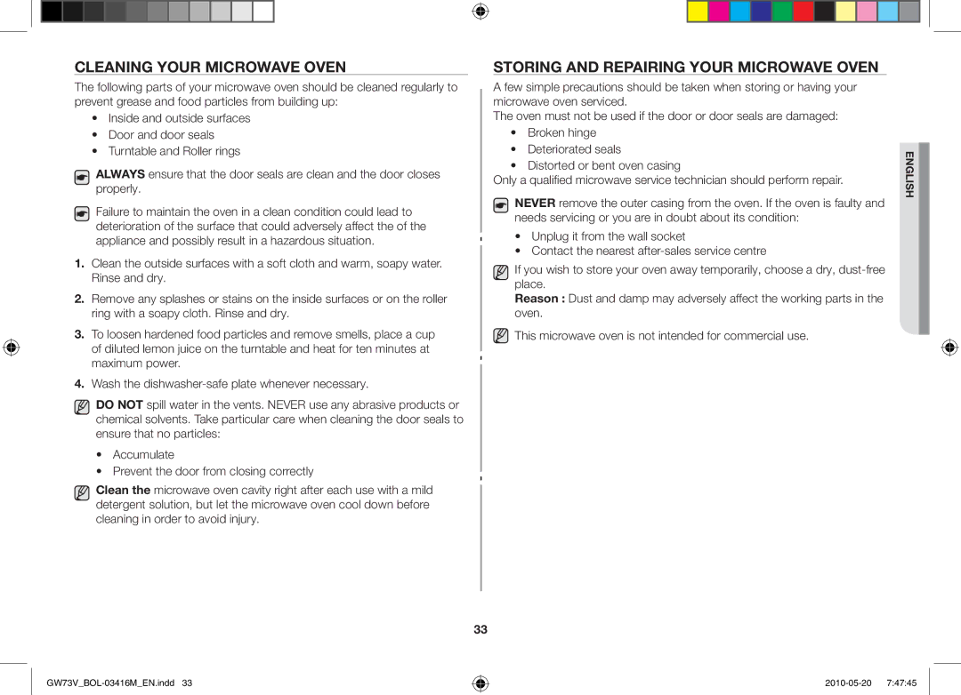 Samsung GW73V/BOL manual Cleaning your microwave oven, Storing and repairing your microwave oven 