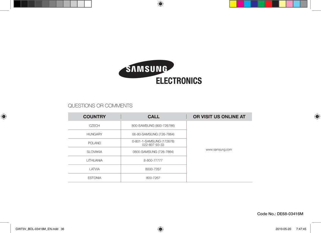 Samsung GW73V/BOL manual Code No. DE68-03416M 