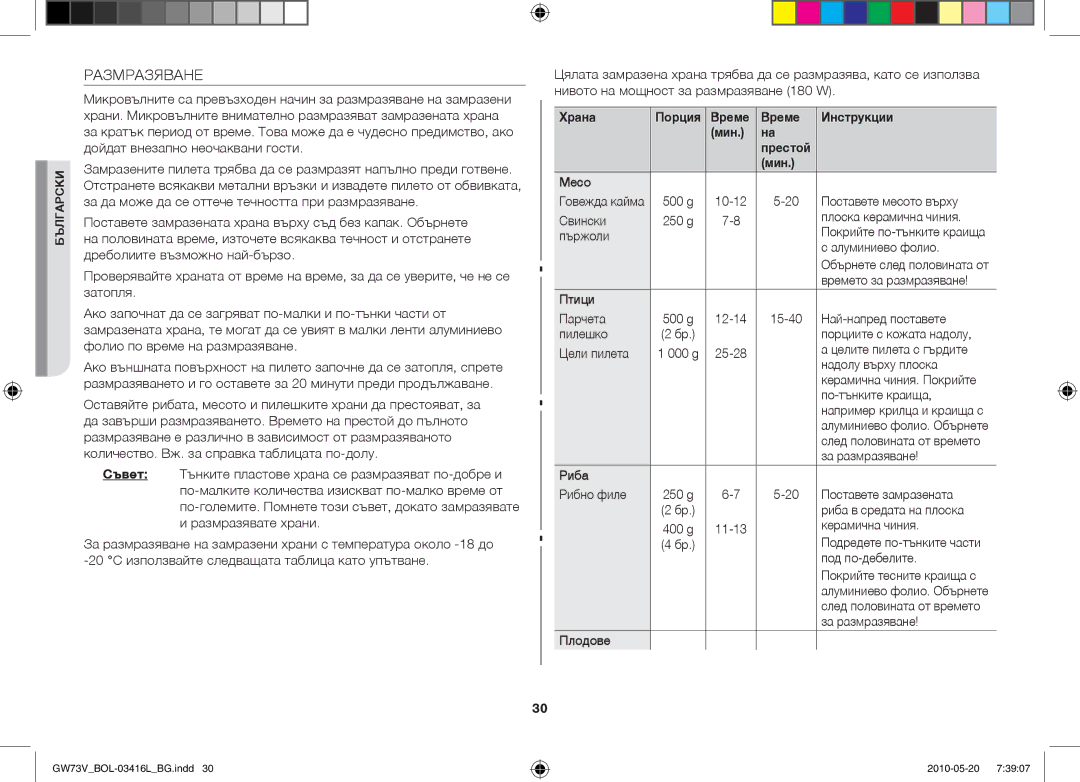 Samsung GW73V/BOL manual Размразяване, Време Инструкции Мин 