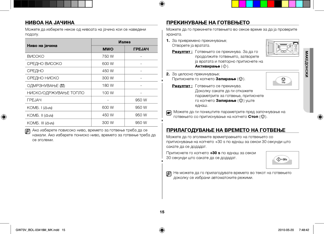 Samsung GW73V/BOL Нивоа на јачина, Прекинување на готвењето, Прилагодување на времето на готвење, Ниво на јачина Излез 