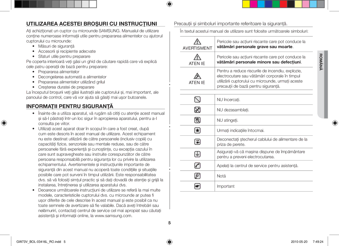 Samsung GW73V/BOL manual Utilizarea acestei broşuri cu instrucţiuni, Informaţii pentru siguranţă 