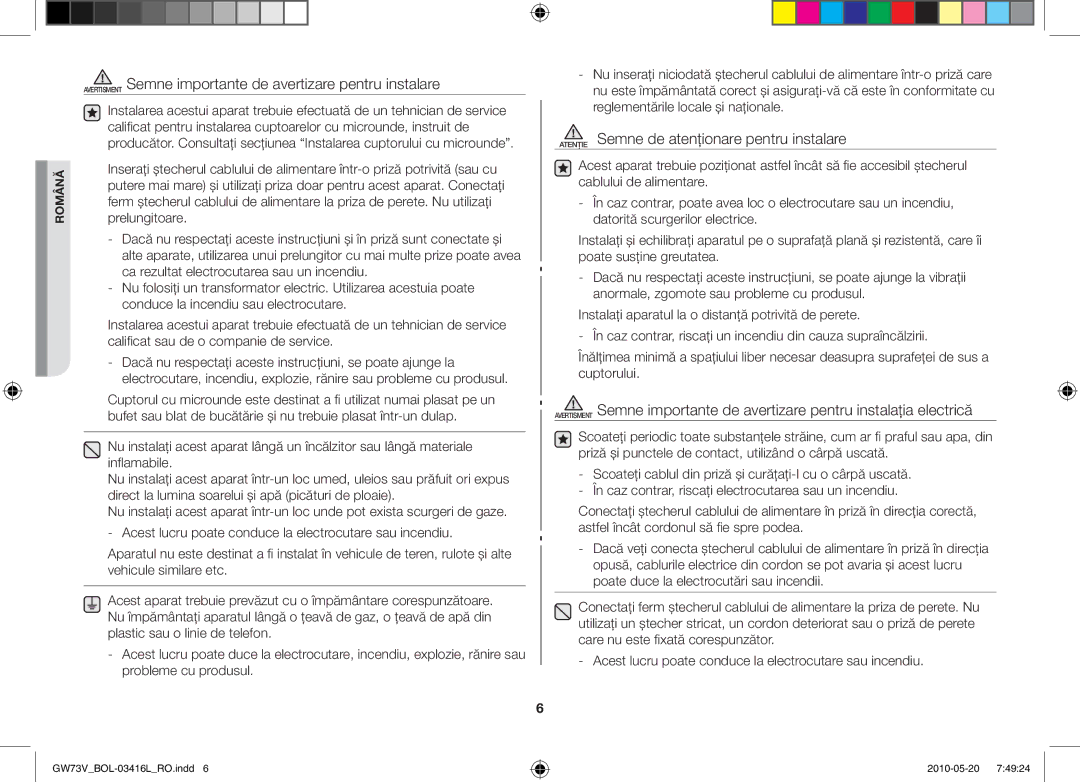 Samsung GW73V/BOL manual Avertisment Semne importante de avertizare pentru instalare 