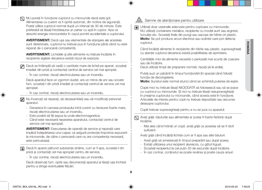 Samsung GW73V/BOL manual Atenţie Semne de atenţionare pentru utilizare 