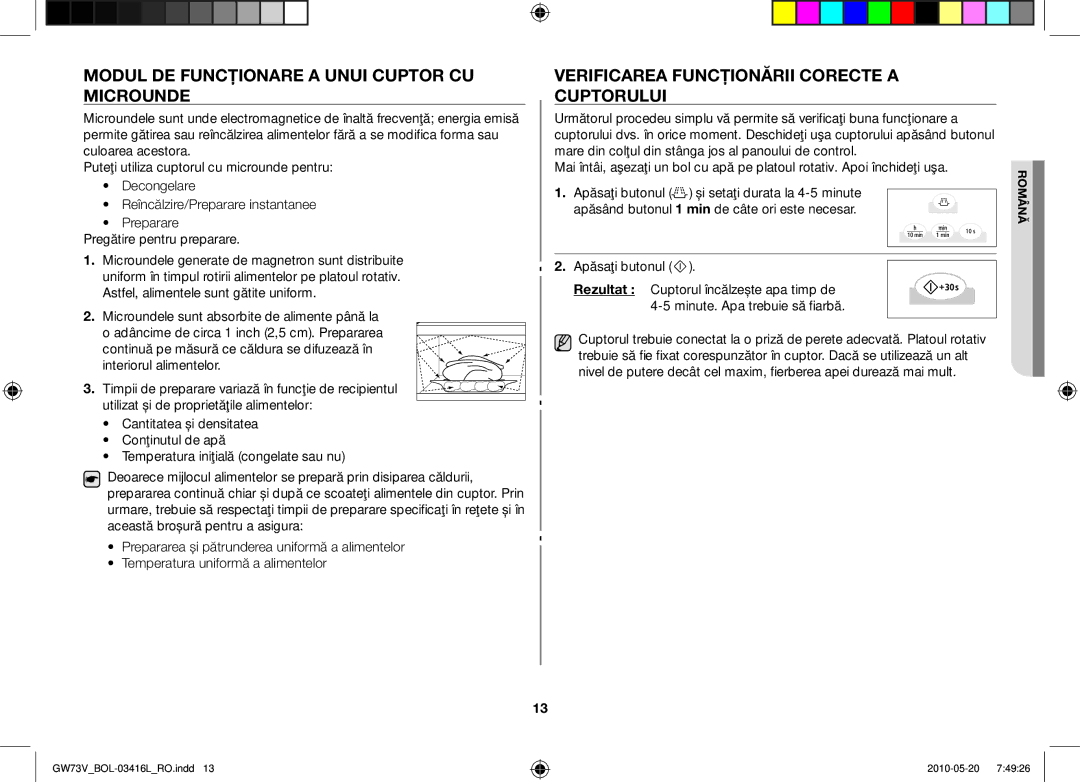 Samsung GW73V/BOL manual Modul de funcţionare a unui cuptor cu microunde, Verificarea funcţionării corecte a cuptorului 