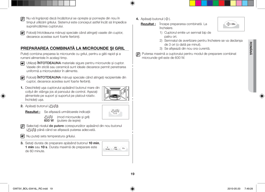 Samsung GW73V/BOL manual Prepararea combinată la microunde şi gril 