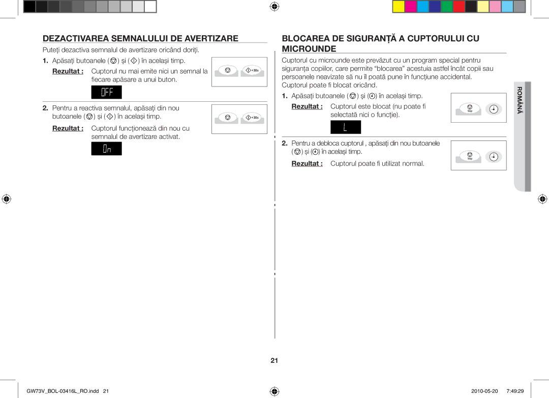 Samsung GW73V/BOL manual Dezactivarea semnalului de avertizare, Blocarea de siguranţă a cuptorului cu microunde 