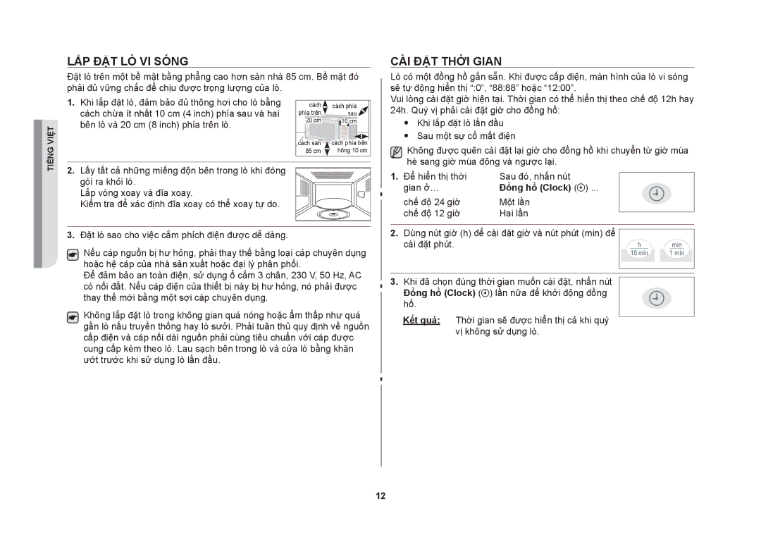 Samsung GW73V/XSV manual Lắp đặt lò vi sóng, Cài đặt thời gian, Đồng hồ Clock 