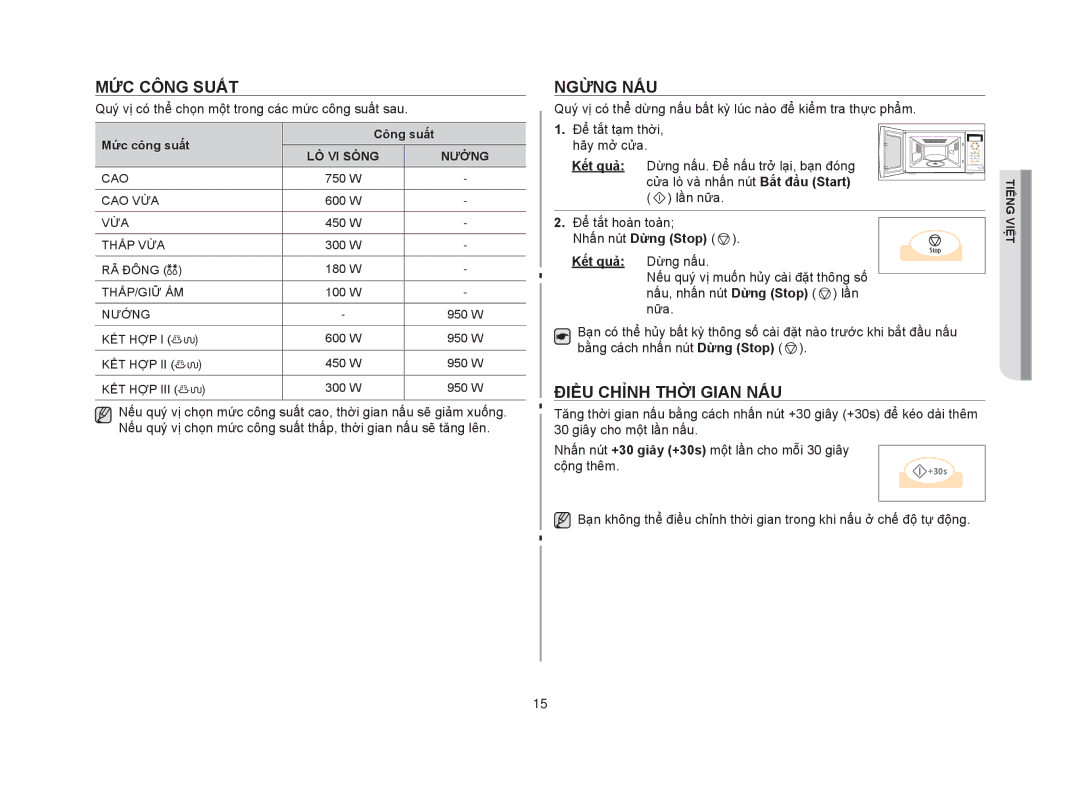 Samsung GW73V/XSV manual Ngừng nấu, Điều chỉnh thời gian nấu, Mức công suất Công suất 