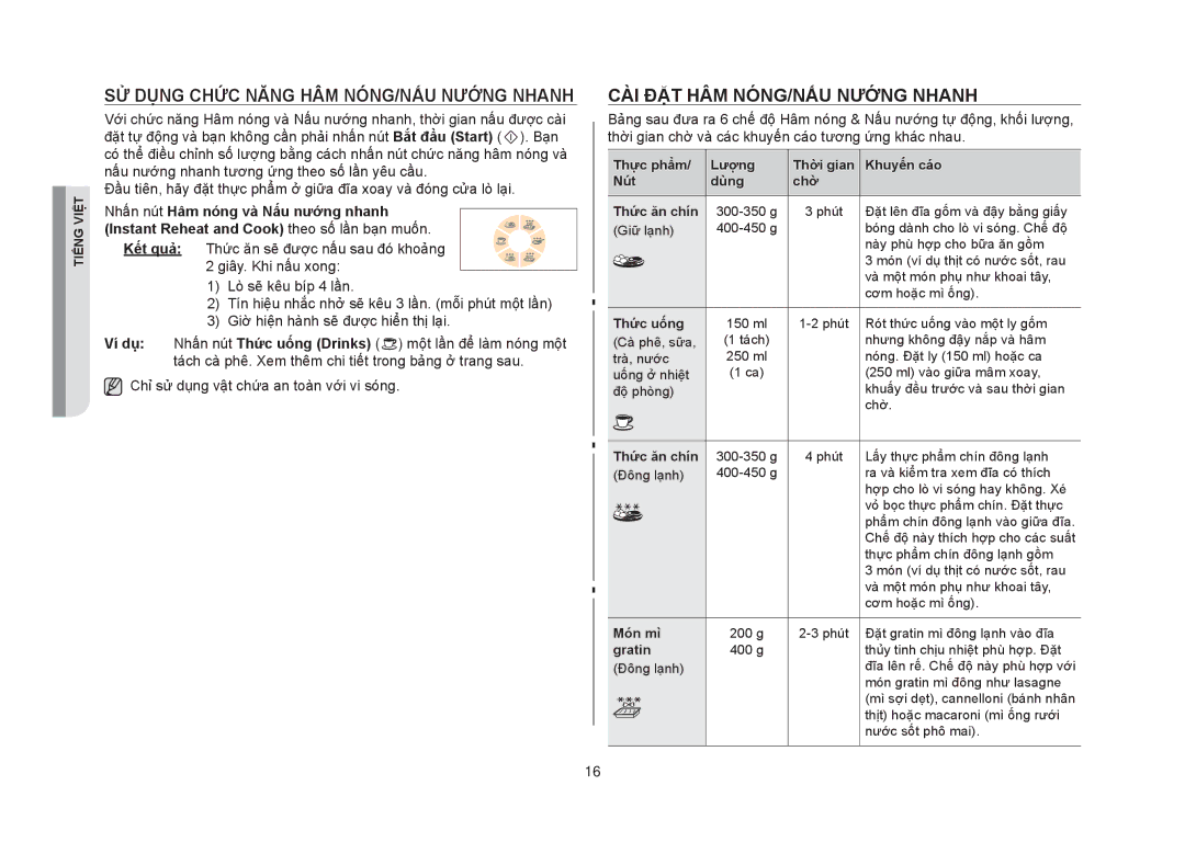 Samsung GW73V/XSV Sử dụng chức năng Hâm nóng/Nấu nướng nhanh, Cài đặt Hâm nóng/Nấu nướng nhanh, Thức uống, Món mì, Gratin 