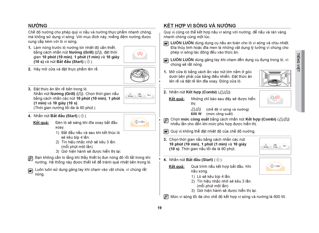 Samsung GW73V/XSV manual Nướng, Kết hợp vi sóng và nướng, Nhấn nút Kết hợp Combi 