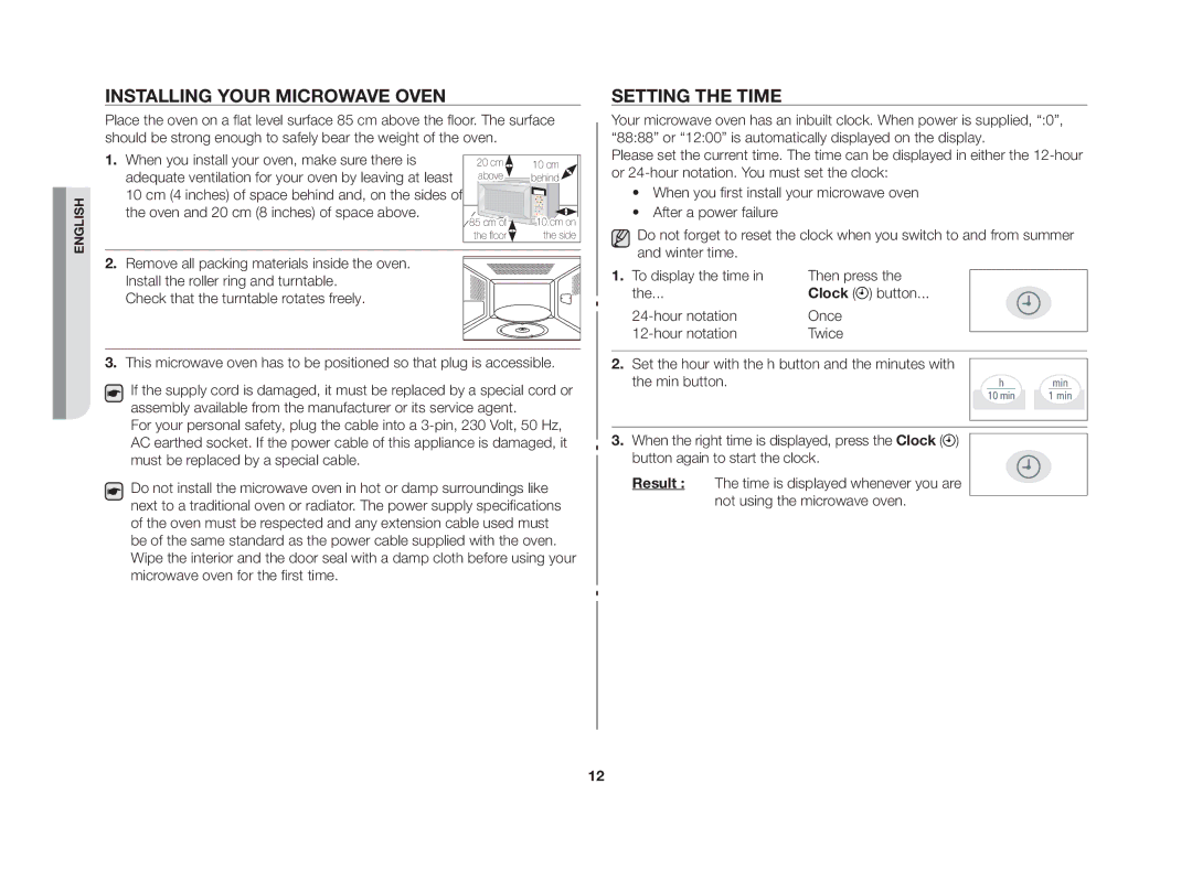 Samsung GW73V/XSV manual Installing your microwave oven, Setting the time, When you install your oven, make sure there is 