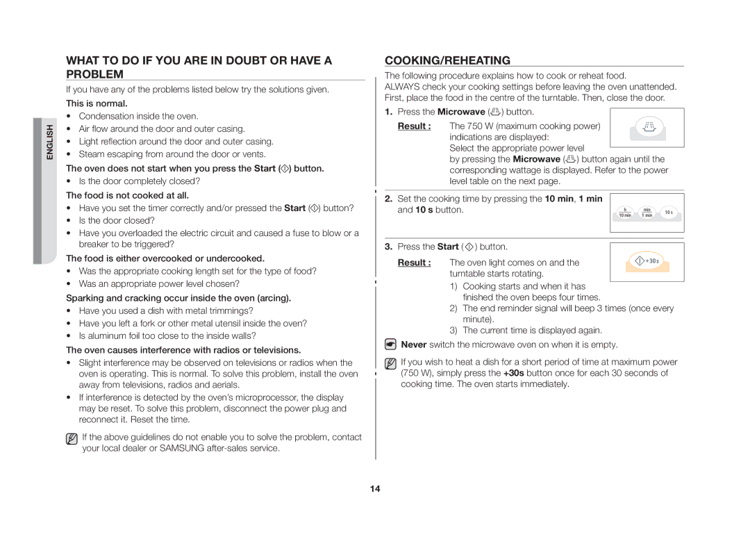 Samsung GW73V/XSV manual What to do if you are in doubt or have a problem, Cooking/Reheating 