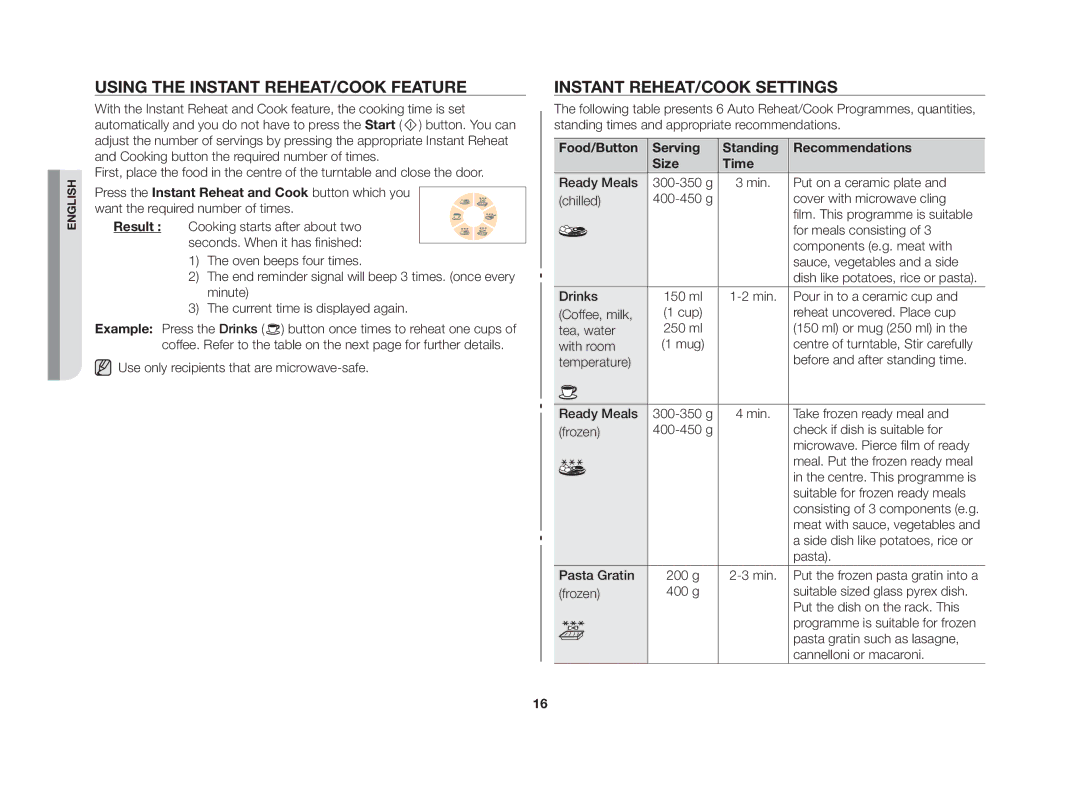 Samsung GW73V/XSV manual Using the instant reheat/cook feature, Instant reheat/cook settings 