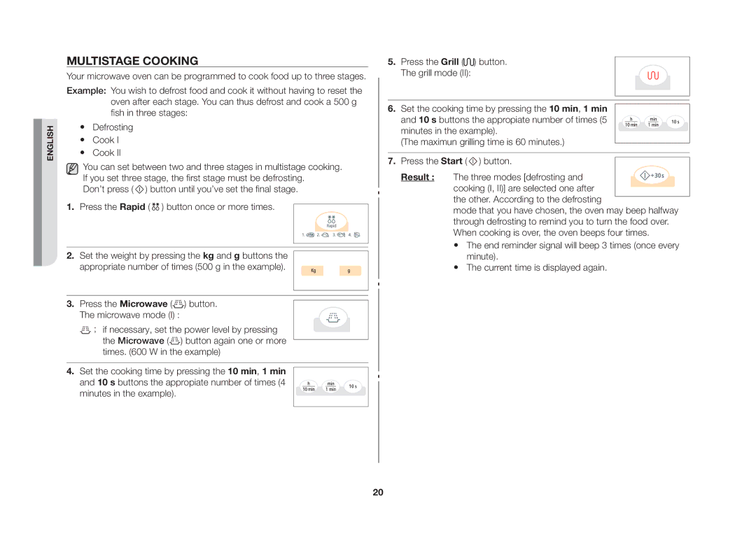 Samsung GW73V/XSV manual Multistage cooking, Cook, Press the Microwave button. The microwave mode 