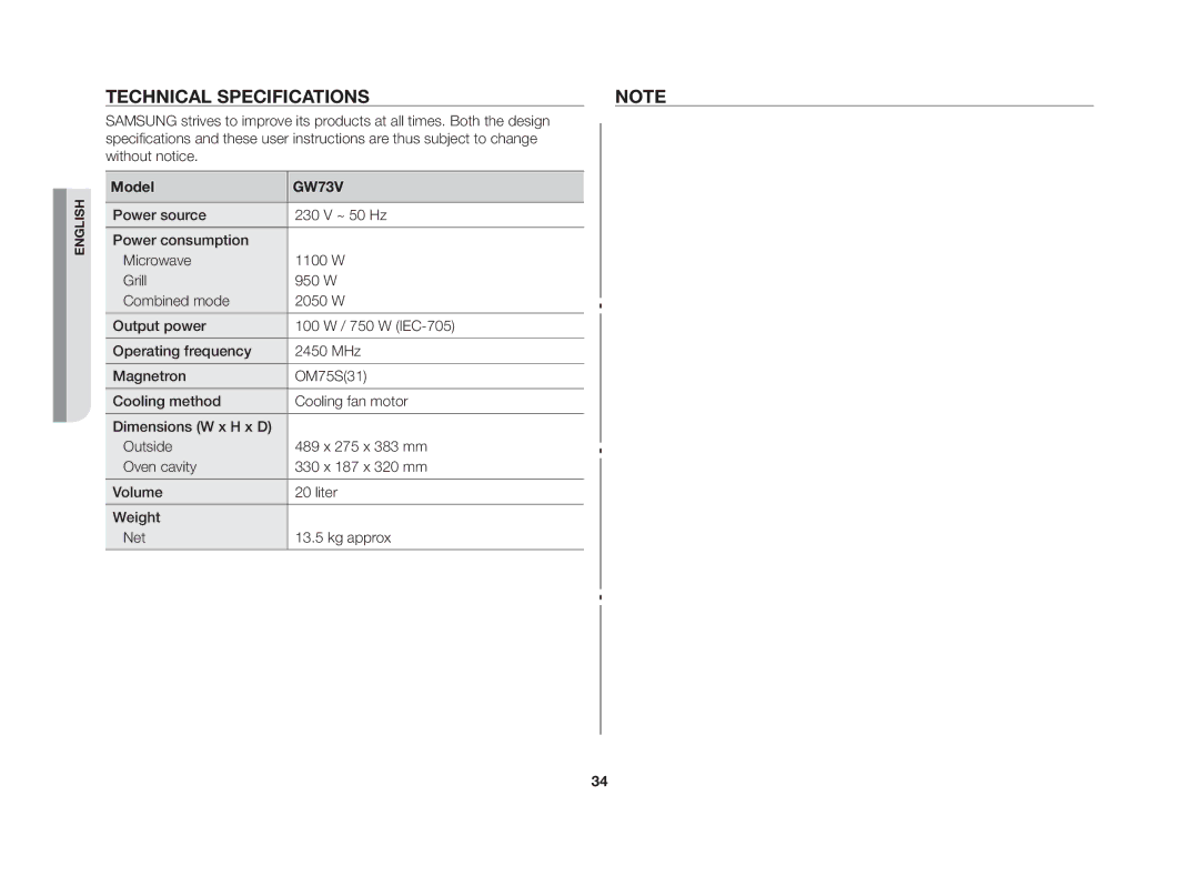 Samsung GW73V/XSV manual Technical specifications, Model 