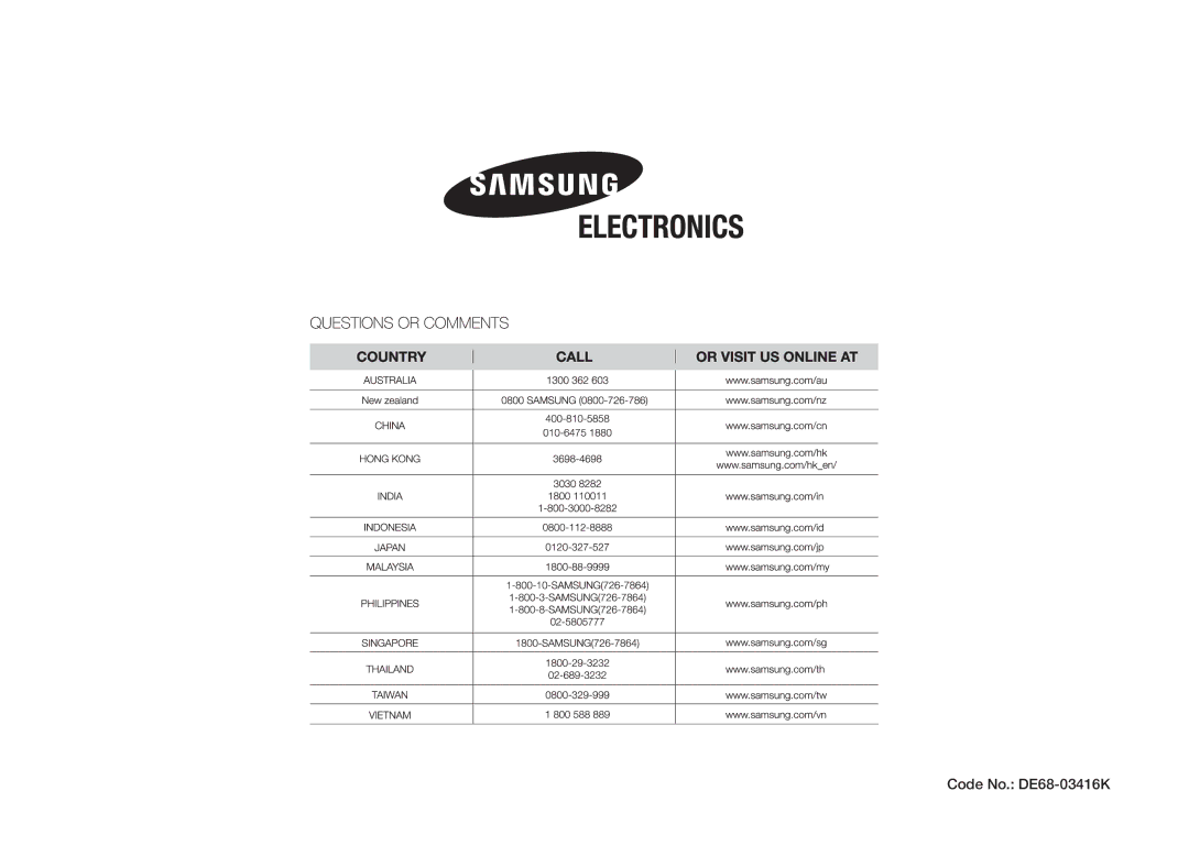 Samsung GW73V/XSV manual Code No. DE68-03416K 