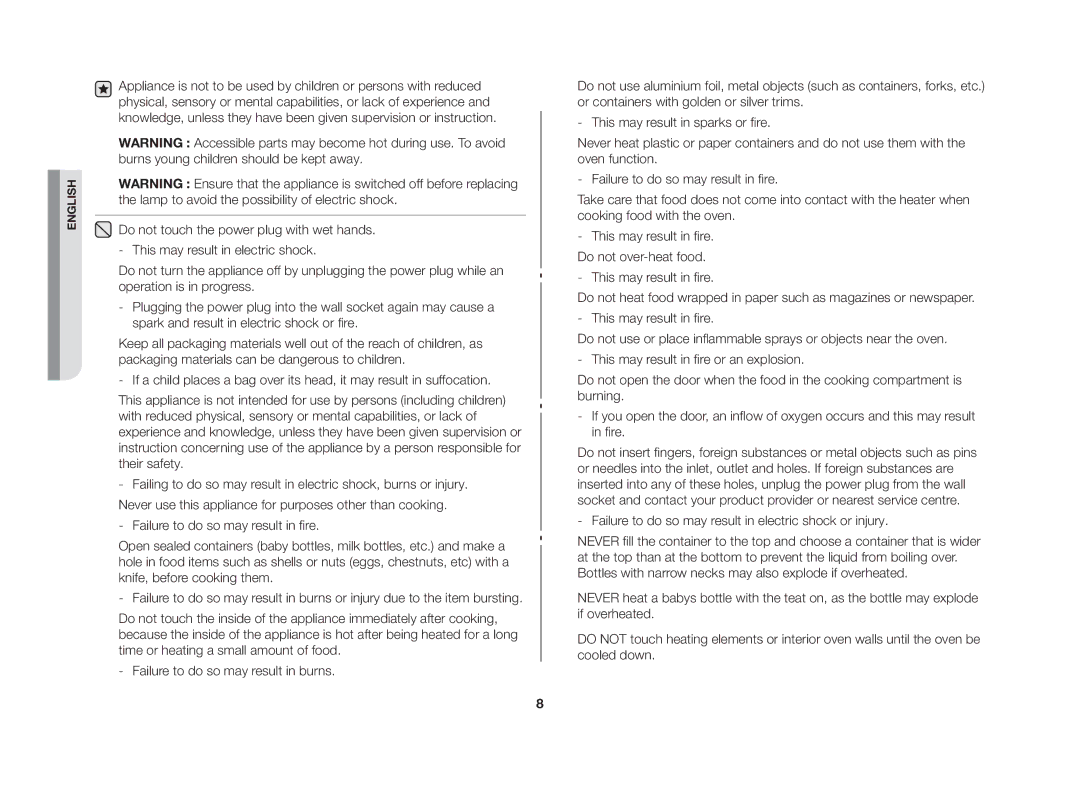 Samsung GW73V/XSV manual This may result in fire. Do not over-heat food 