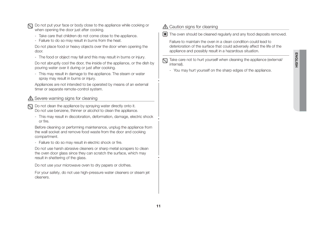 Samsung GW76N-BP/GEN manual Severe warning signs for cleaning 