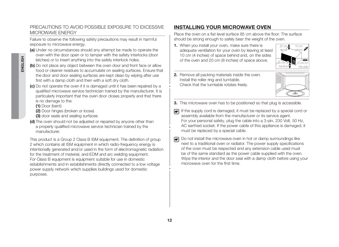 Samsung GW76N-BP/GEN manual Installing your microwave oven, First with a damp cloth and then with a soft dry cloth 