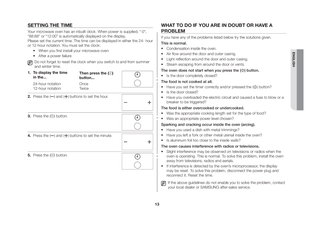 Samsung GW76N-BP/GEN manual Setting the time, What to do if you are in doubt or have a problem 