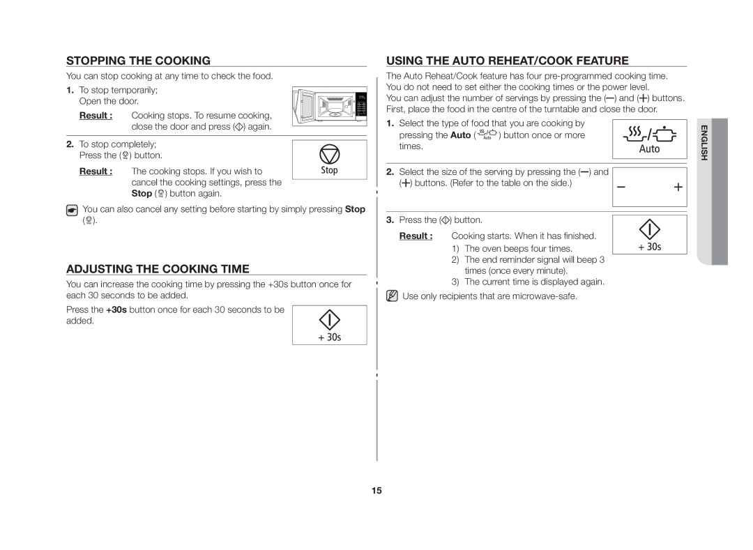 Samsung GW76N-BP/GEN manual Stopping the cooking, Adjusting the cooking time, Using the auto reheat/cook feature 