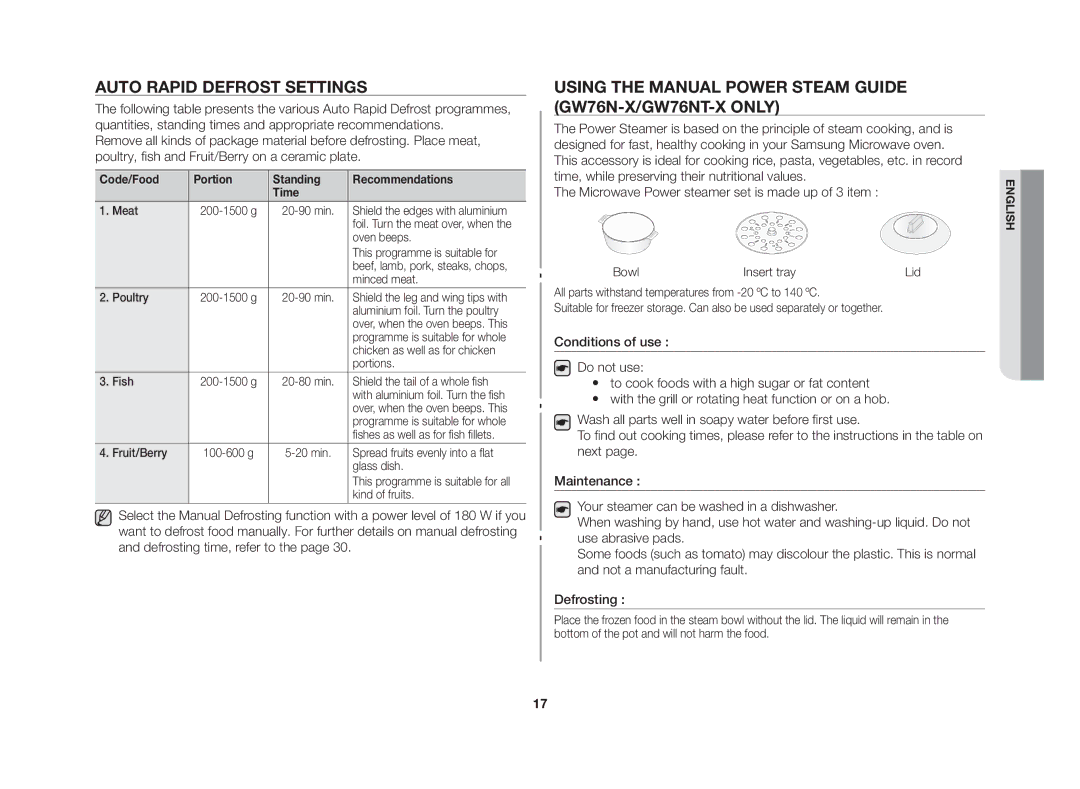 Samsung GW76N-BP/GEN Auto rapid defrost settings, Using the manual power steam guide GW76N-X/GW76NT-X only 