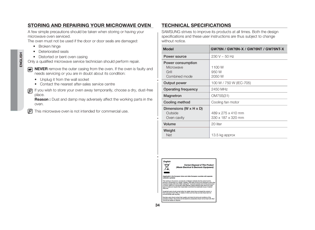 Samsung GW76N-BP/GEN manual Storing and repairing your microwave oven, Technical specifications 