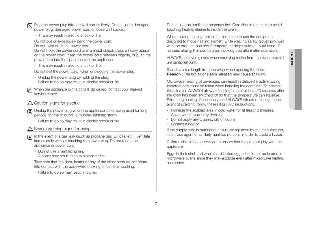 Samsung GW76N-BP/GEN manual Severe warning signs for using 