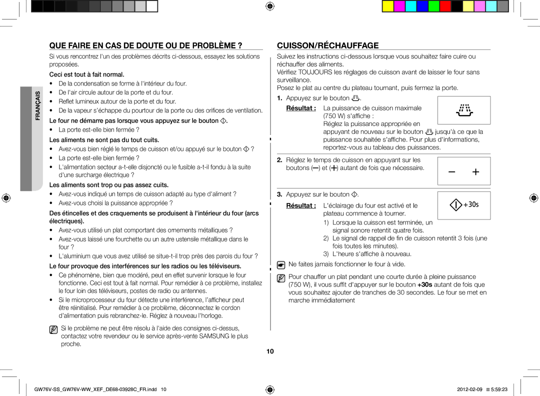 Samsung GW76N-B/XEF manual Que faire en cas de doute ou de problème ?, Cuisson/Réchauffage 