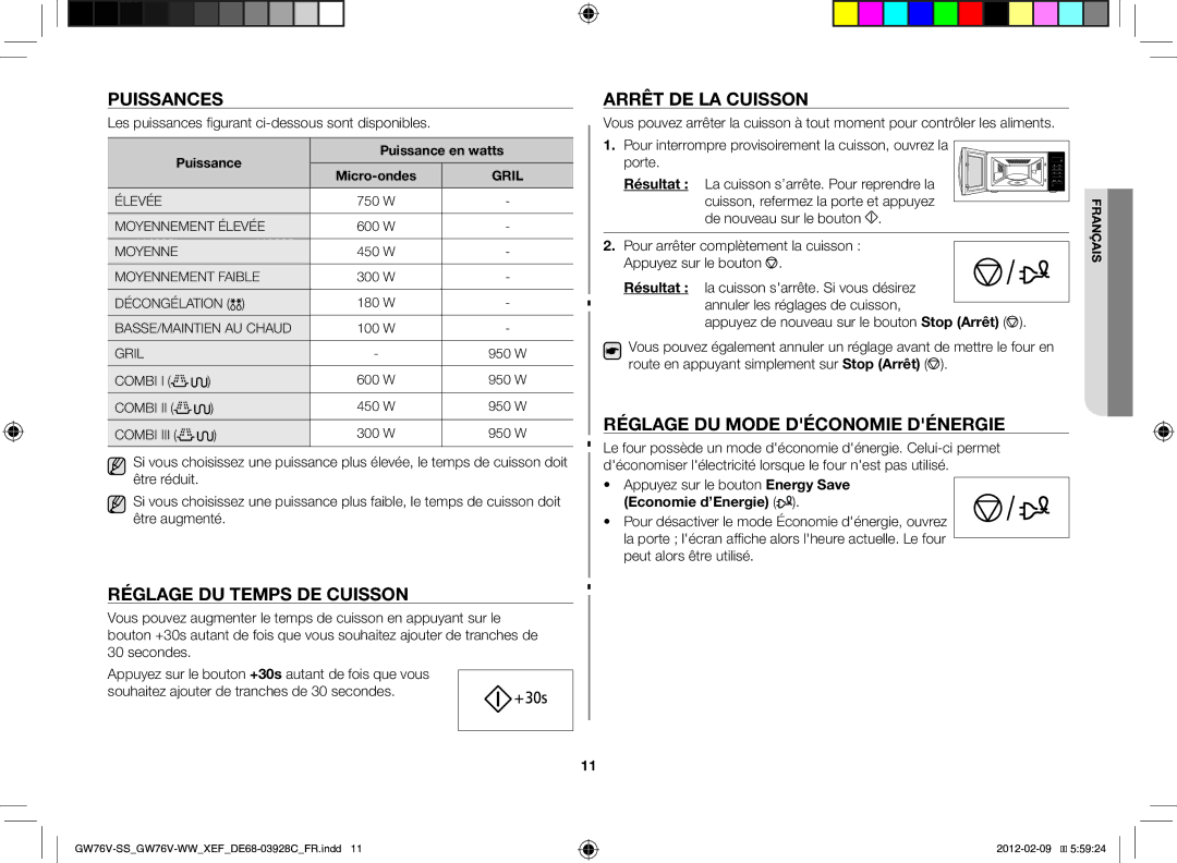 Samsung GW76N-B/XEF manual Puissances, Arrêt de la cuisson, Réglage du mode déconomie dénergie, Réglage du temps de cuisson 