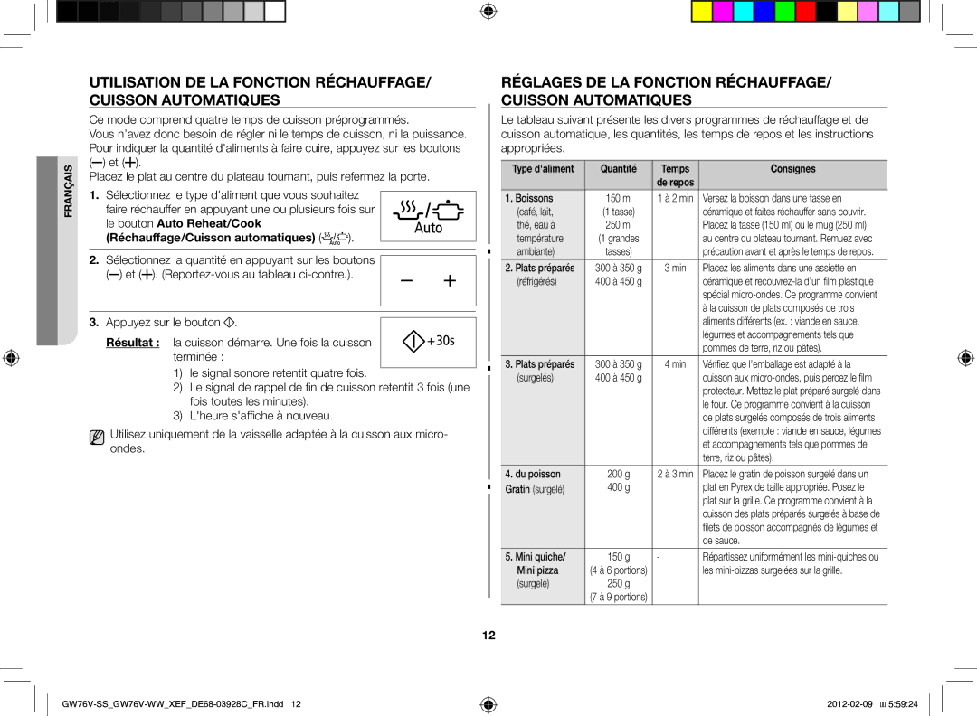 Samsung GW76N-B/XEF manual Réglages de la fonction réchauffage/ cuisson automatiques, Réchauffage/Cuisson automatiques 