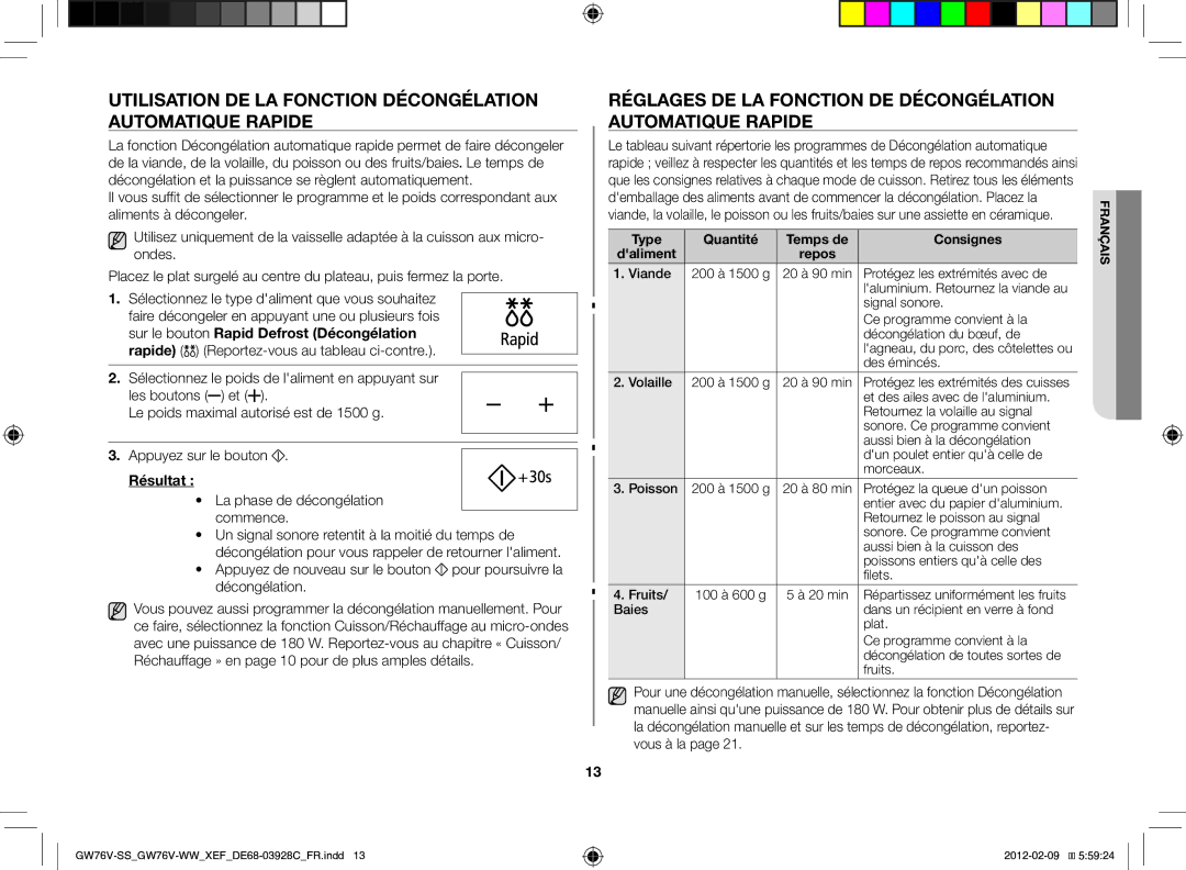 Samsung GW76N-B/XEF manual Utilisation de la fonction décongélation automatique rapide, La phase de décongélation commence 