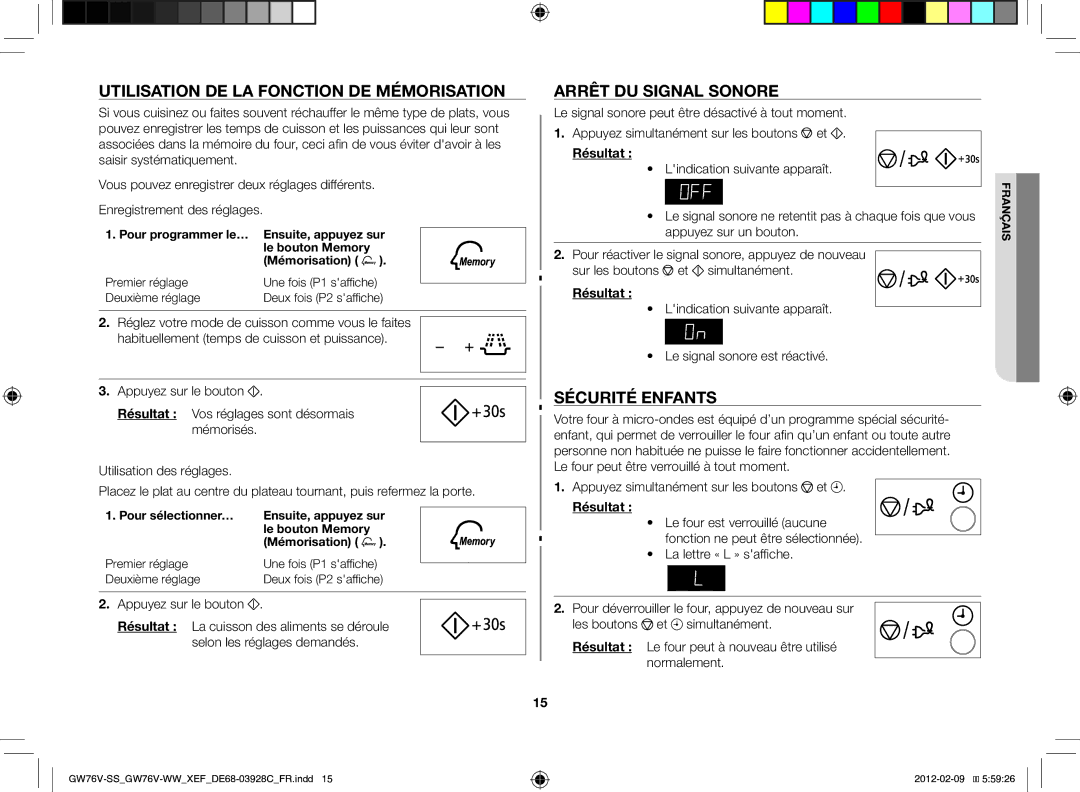 Samsung GW76N-B/XEF manual Utilisation de la fonction de mémorisation, Arrêt du signal sonore, Sécurité enfants 