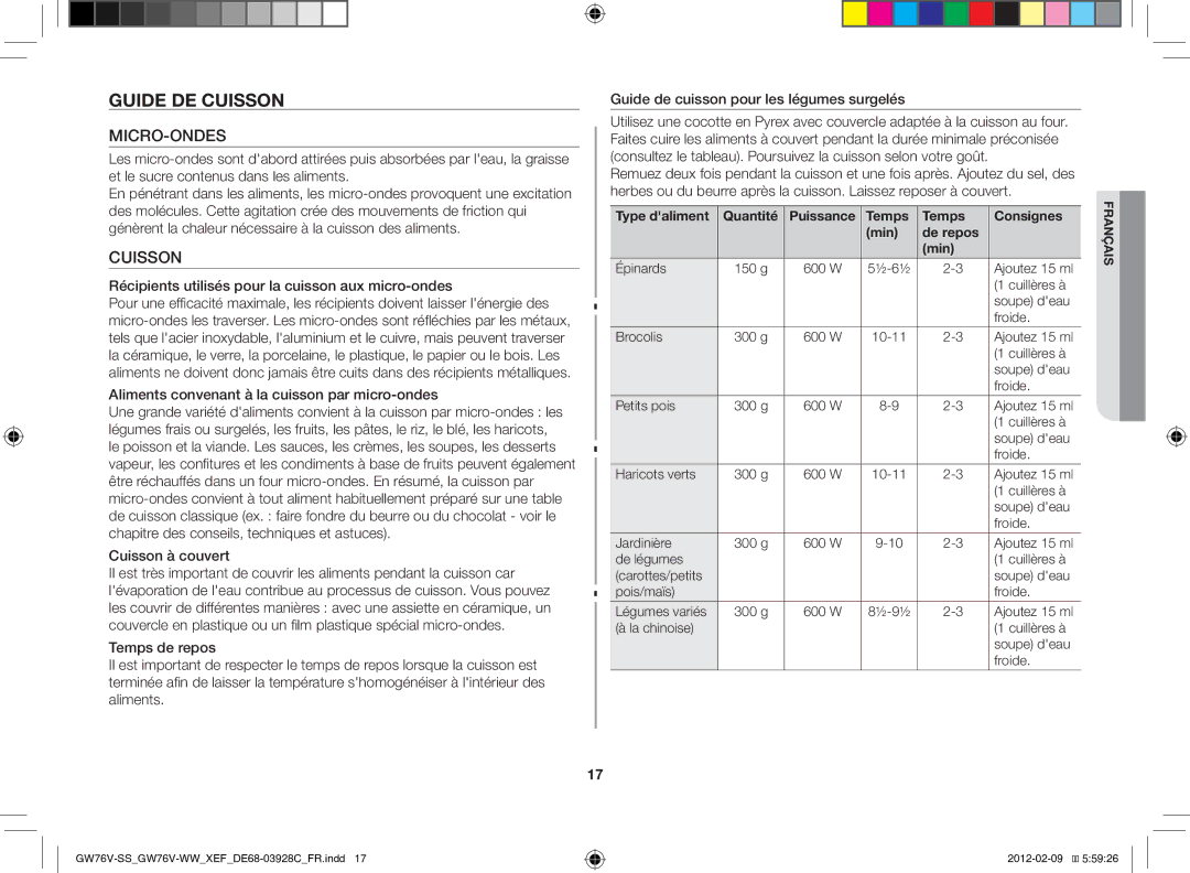 Samsung GW76N-B/XEF manual Guide de cuisson, Micro-Ondes, Cuisson 