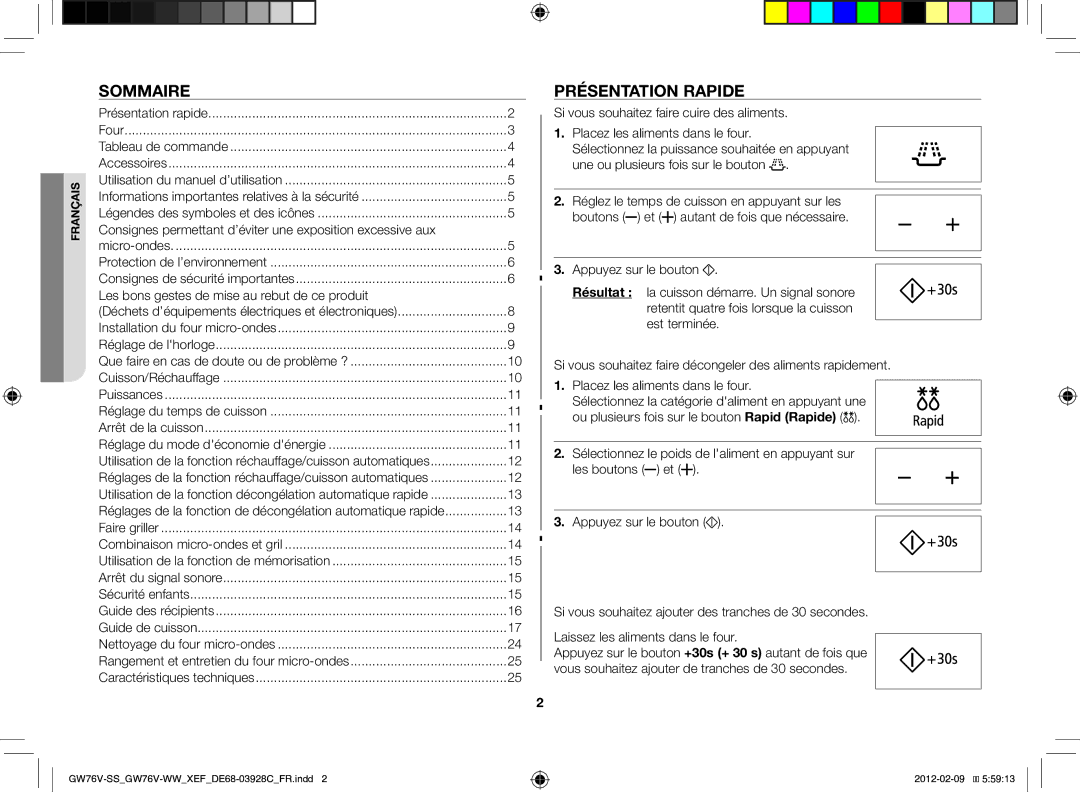 Samsung GW76N-B/XEF manual Sommaire, Présentation rapide, Consignes permettant d’éviter une exposition excessive aux 