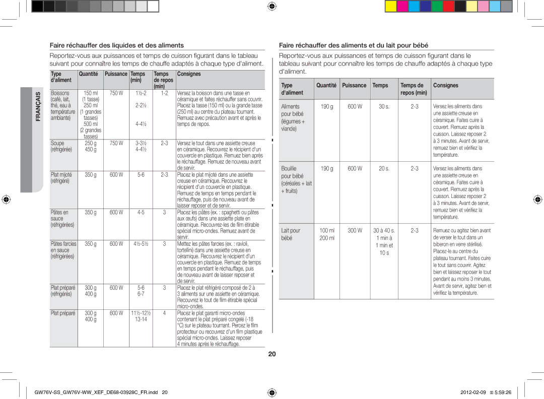 Samsung GW76N-B/XEF manual Faire réchauffer des liquides et des aliments, Temps Temps de Consignes Daliment 