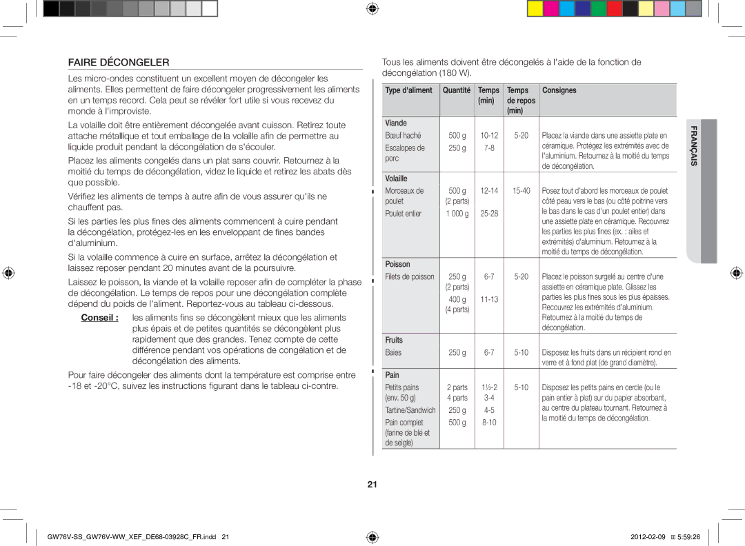 Samsung GW76N-B/XEF manual Faire Décongeler, Temps Consignes Min 