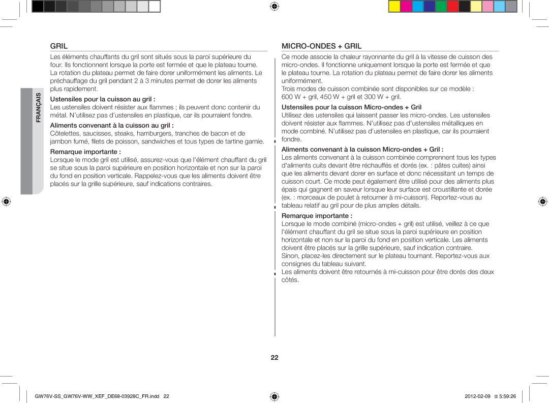 Samsung GW76N-B/XEF manual MICRO-ONDES + Gril, Aliments convenant à la cuisson au gril, Remarque importante 