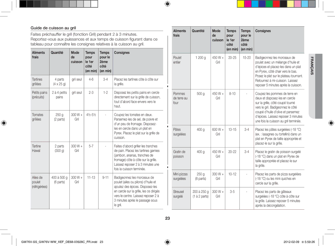 Samsung GW76N-B/XEF Guide de cuisson au gril, Aliments Quantité Mode Temps Consignes Frais Pour Pour le, Le 1er 2ème Côté 