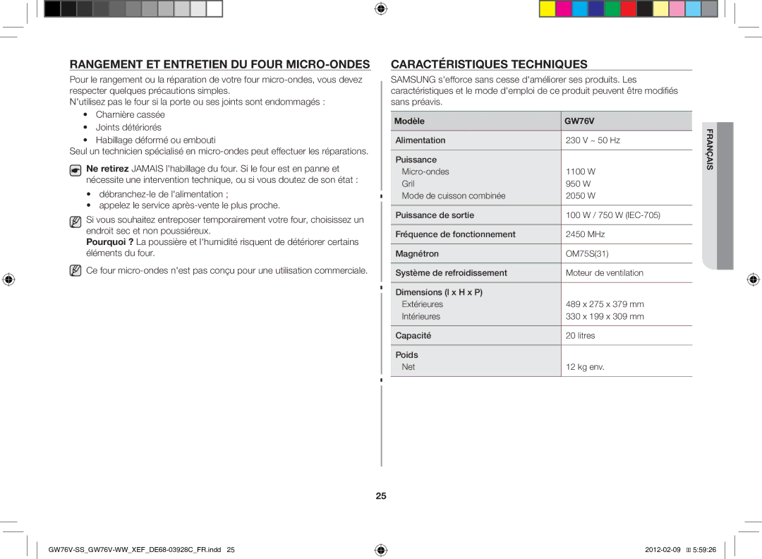 Samsung GW76N-B/XEF manual Rangement et entretien du four micro-ondes, Caractéristiques techniques, Modèle 